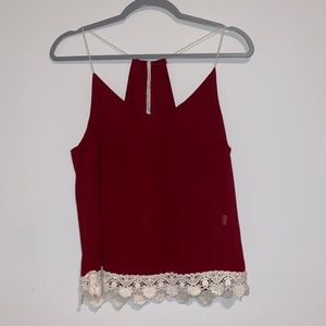 sheer red top with lace detail